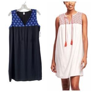 Old Navy Linen Blend Sleeveless Embroidered Tassel Shift Dress Sz M Beach Resort
